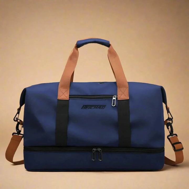 Stylish unisex duffle bag for travel & fitness, featuring multiple organized pockets and a shoe compartment.