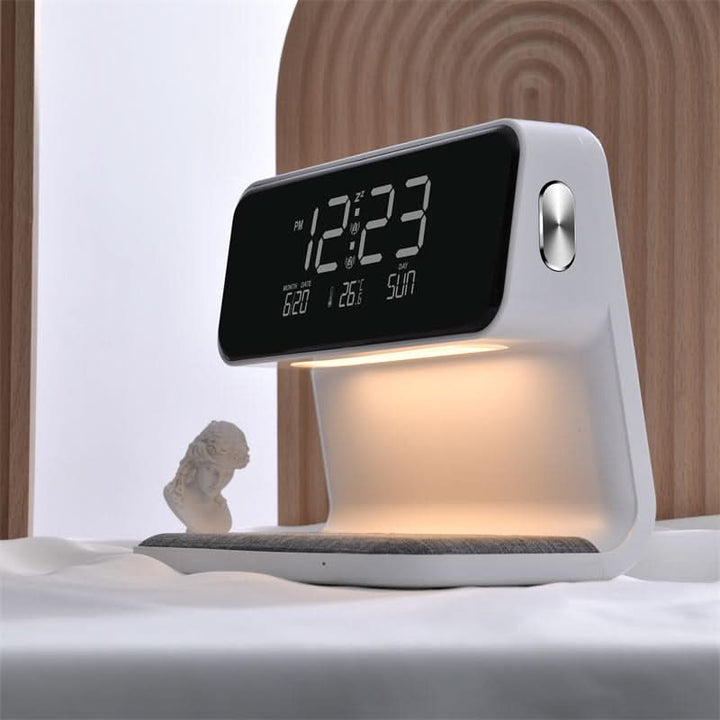 Versatile LED lamp, wireless phone charger & alarm clock combo. Touch control, perfect for bedroom or office.