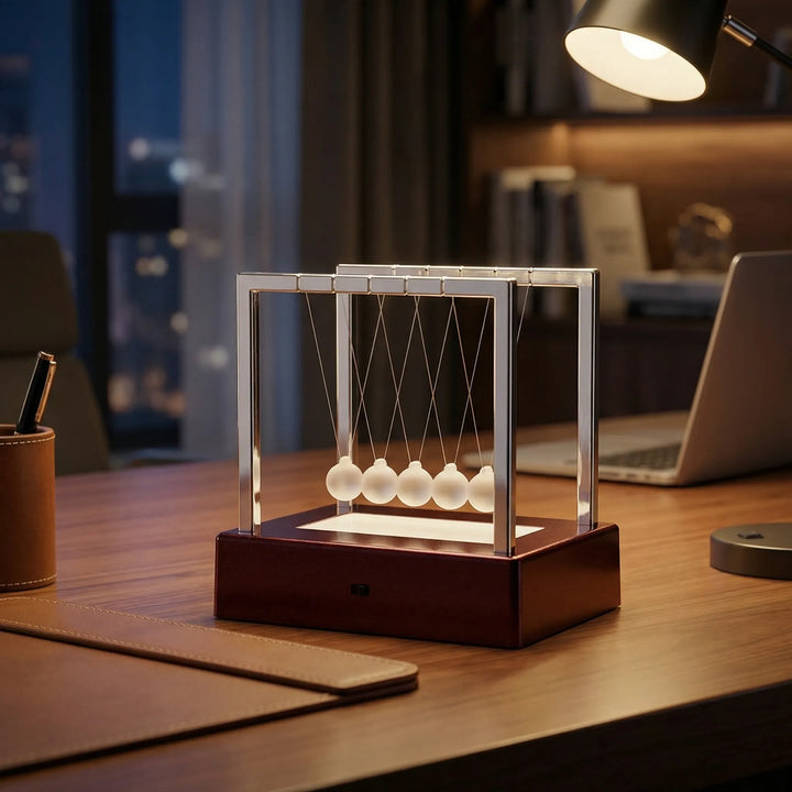 Kinetic desk ornament with color-changing LED lights, perfect for office decor and stress relief.