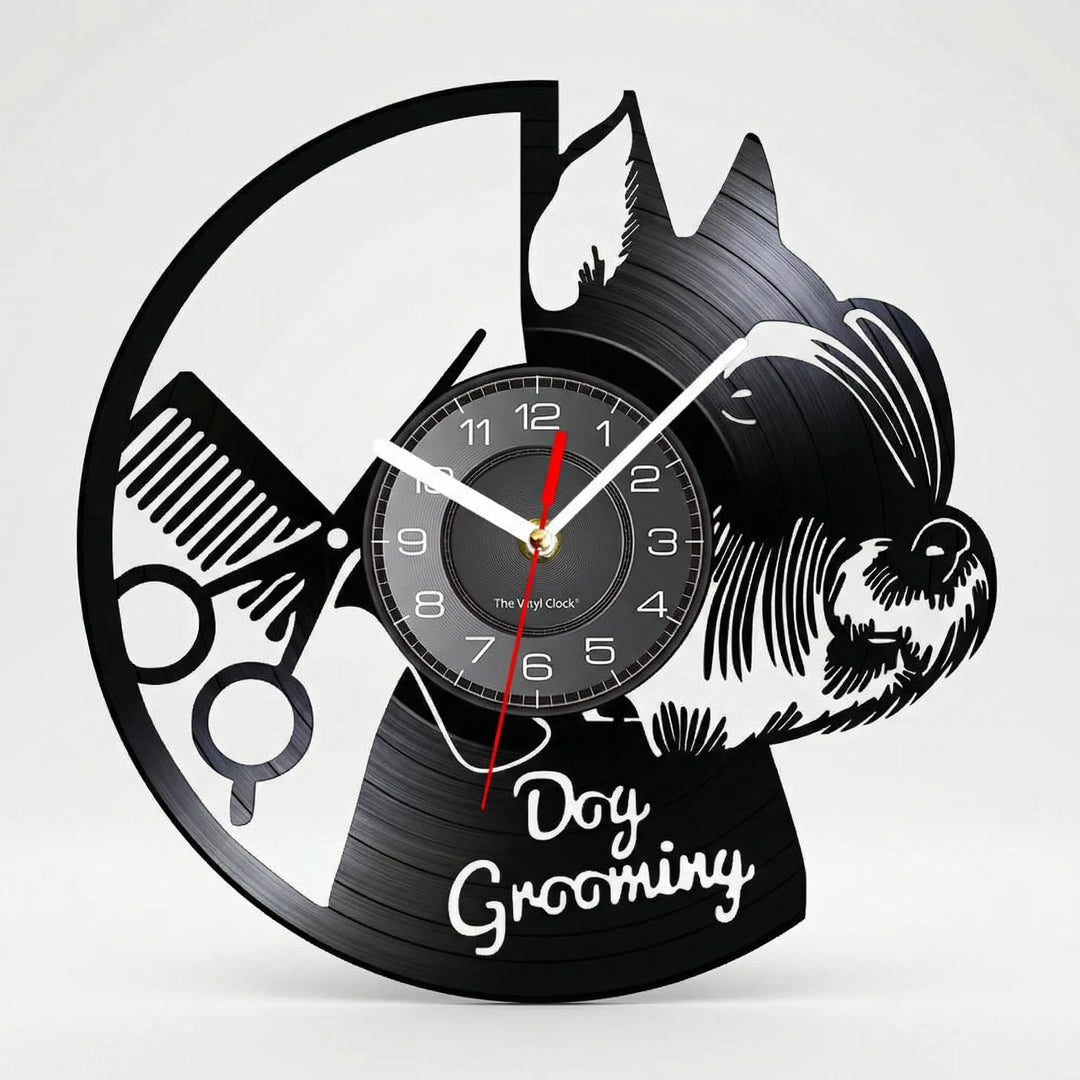 Stylish dog grooming wall clock, a unique accent piece for pet lover homes. Silent mechanism, decorative animal theme.