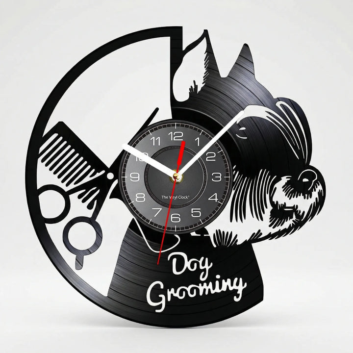 Stylish dog grooming wall clock, a unique accent piece for pet lover homes. Silent mechanism, decorative animal theme.