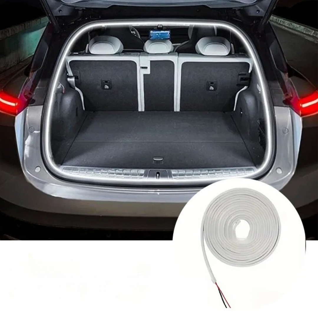 Smart motion sensor LED trunk light strip for car interior. Easy car upgrade, bright cargo lighting.