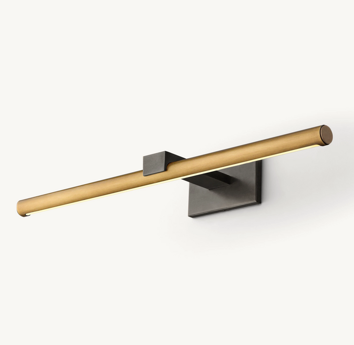 Contemporary 48-60" brass LED picture light, hardwired, for illuminating artwork beautifully.
