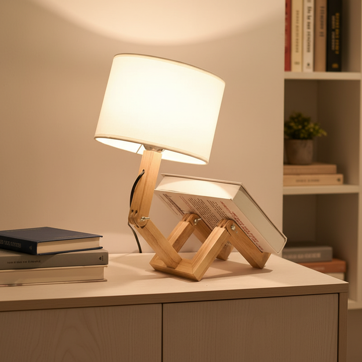 Adjustable wooden desk lamp with grey fabric shade & base storage. Modern lighting for home office or study.