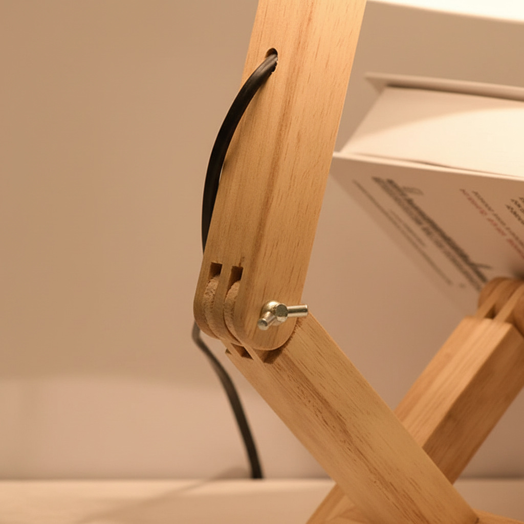 Modern "robot" style adjustable wooden lamp with a soft fabric shade & storage. Ideal for contemporary home decor.