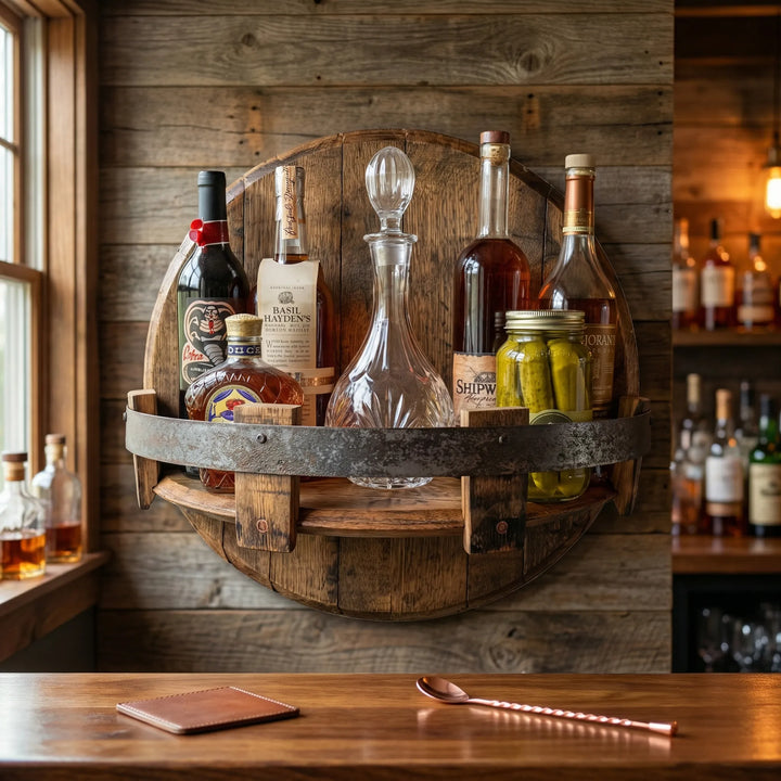 Rustic wood wall shelf for beverage bottles. Stylish home bar decor & bottle storage, vintage style kitchen organization.