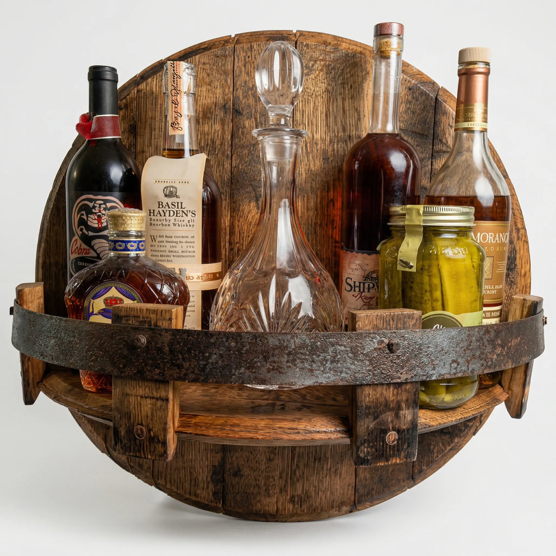 Wall mounted rustic wood display shelf for beverages. Elegant home bar decor, perfect for bottle storage & kitchen organization.