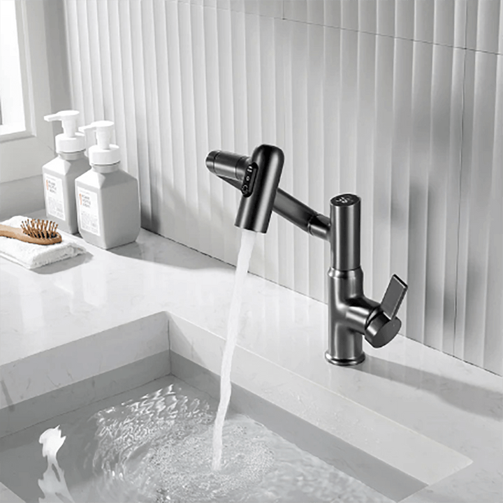 Modern 360° swivel kitchen faucet, stainless steel finish, perfect for contemporary home kitchens.