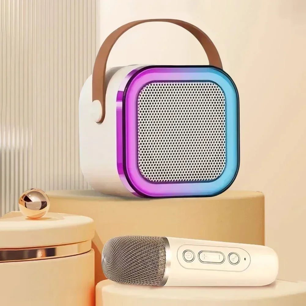 Wireless karaoke system with dual microphones for duets. Features LED lights & portable Bluetooth speaker for parties.