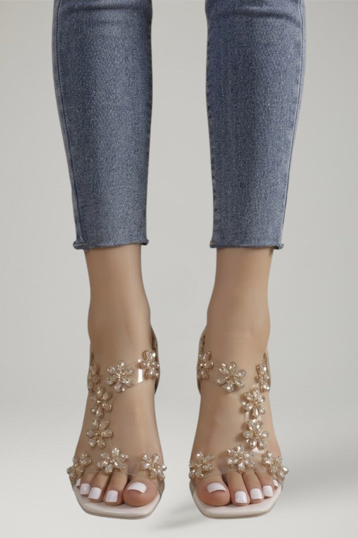 Chic women's evening sandals with a comfortable block heel, cushioned insole, and dazzling rhinestones.