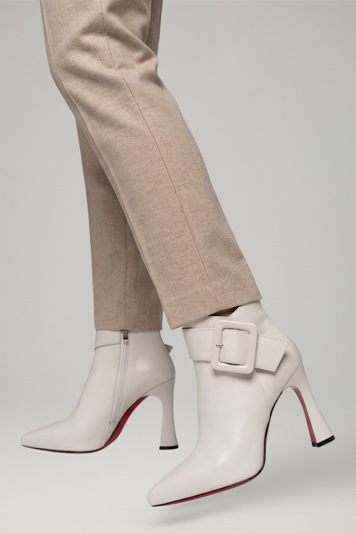 Casual yet chic women's buckle ankle boots in beige, with zip for easy wear, suitable for autumn & winter.