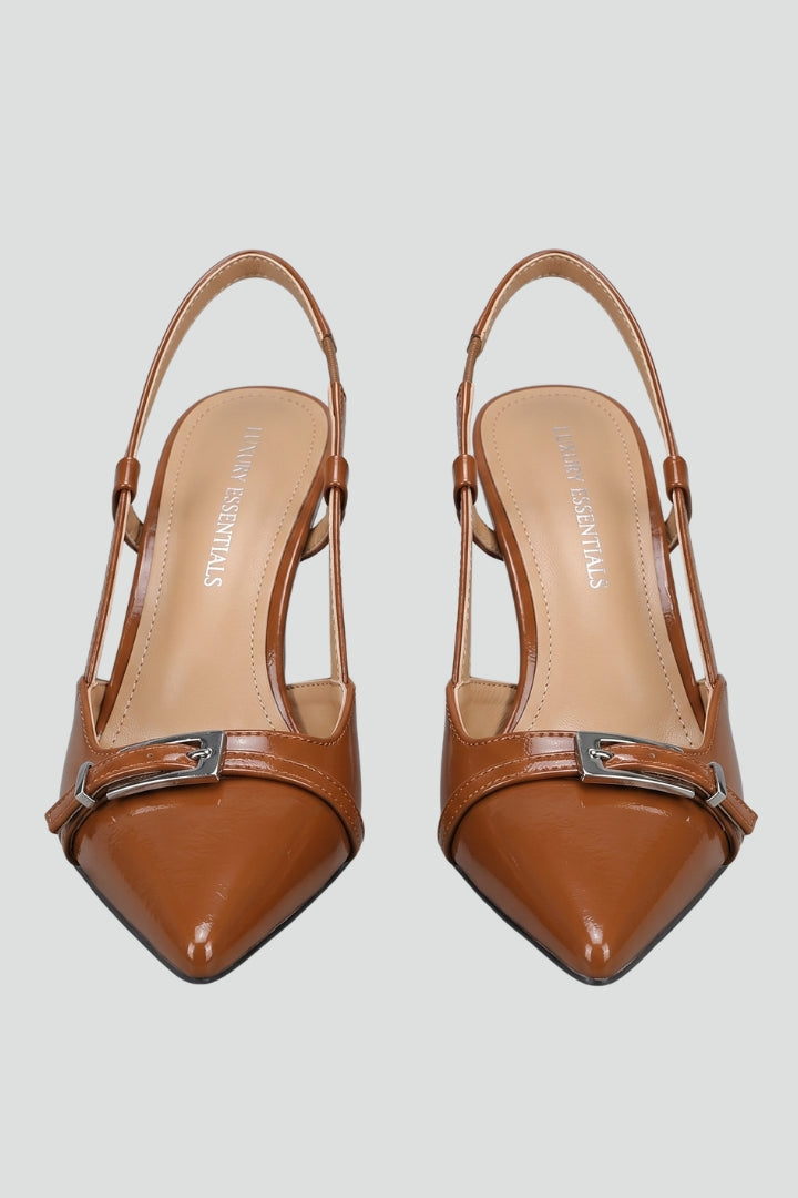 Light brown women's pointed toe open back stiletto pumps. Elegant and chic formal party shoes.
