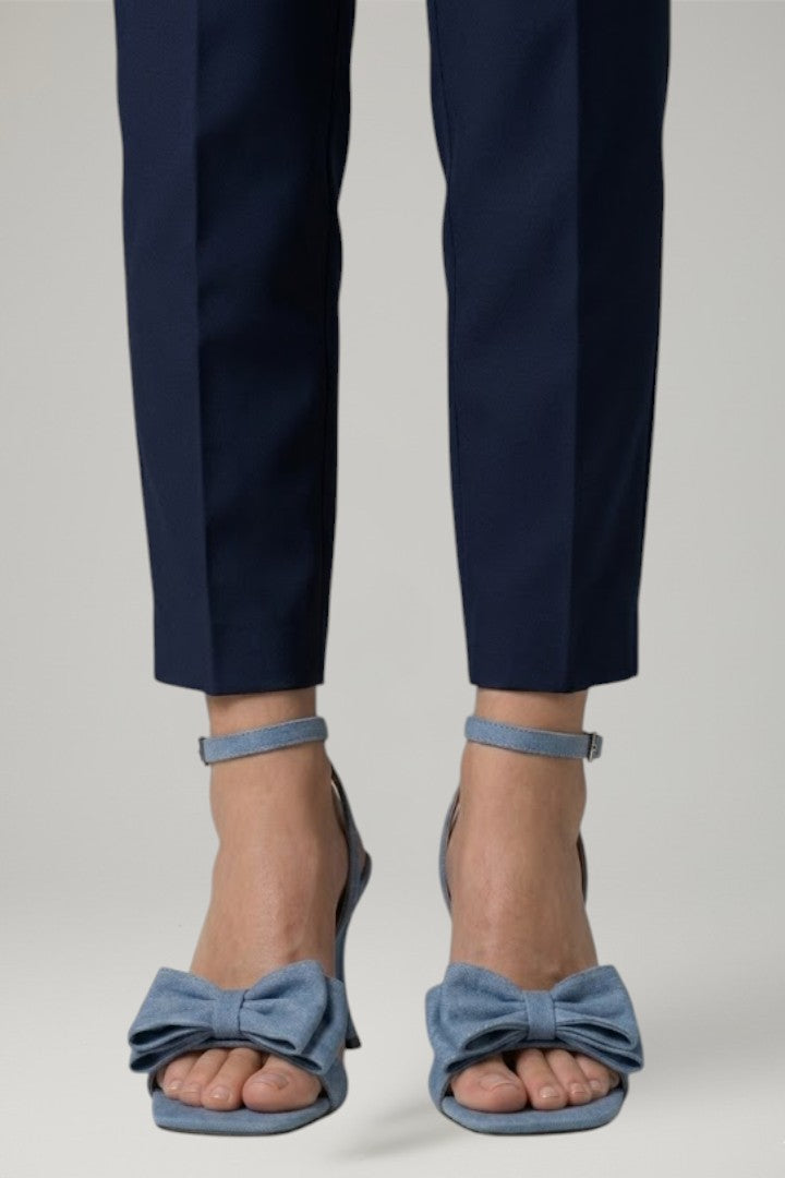 Chic women's denim blue square toe stiletto heels, modern party sandals with buckle for elegant fashion.
