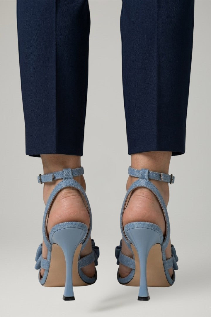 Fashionable denim blue square toe stiletto sandals for women, high heels with a chic buckle, trendy summer style.
