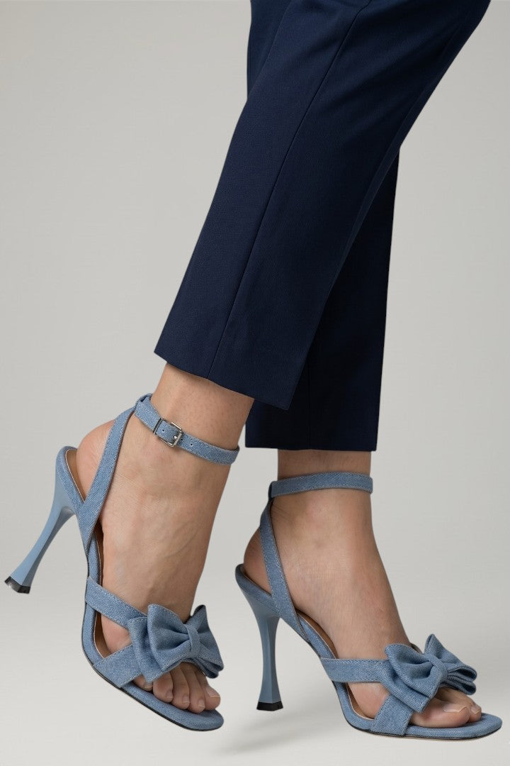 Sophisticated denim blue women's stiletto sandals, featuring square toe & secure buckle for elegant evening wear.