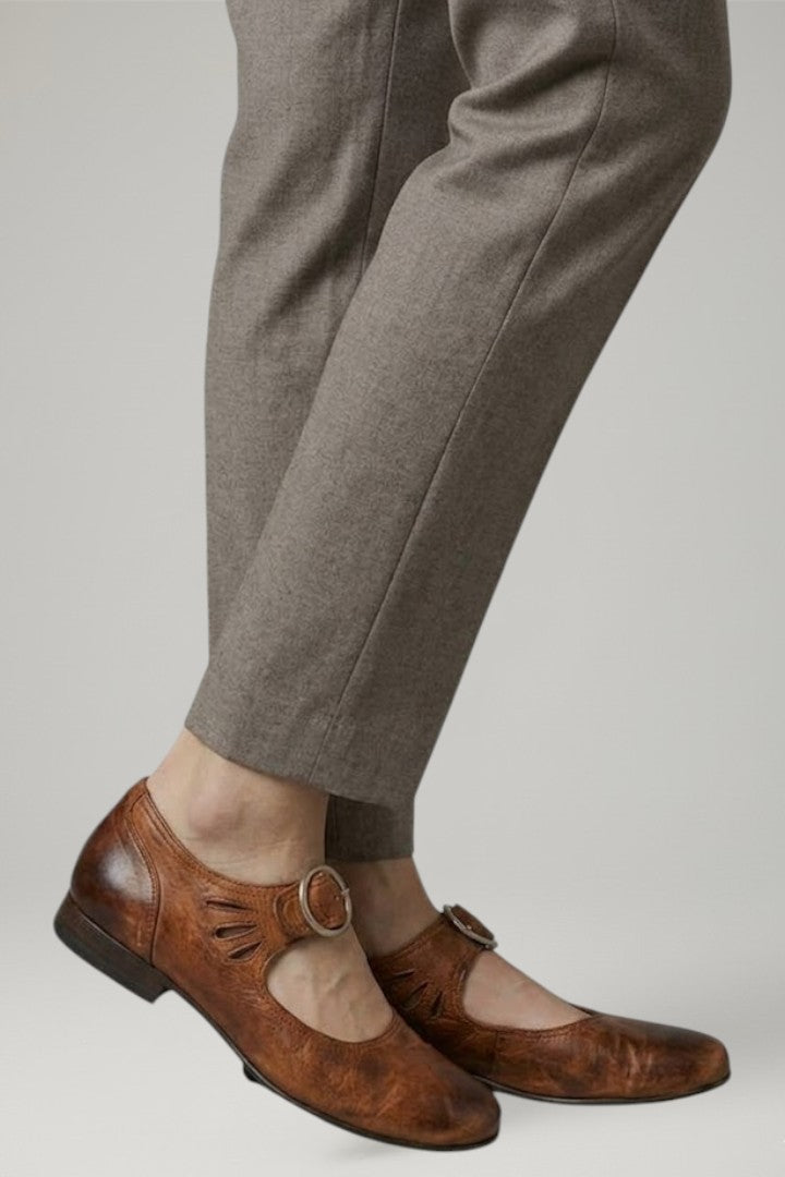 Stylish women's low heel buckle shoes in premium leather, designed for comfort & sophisticated office wear.