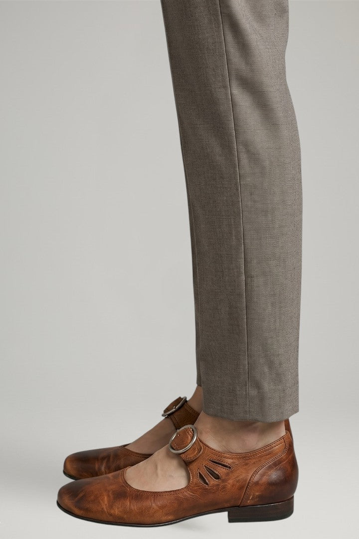 Side view of elegant women's low heel buckle shoes, showcasing comfortable design for versatile office & dress wear.