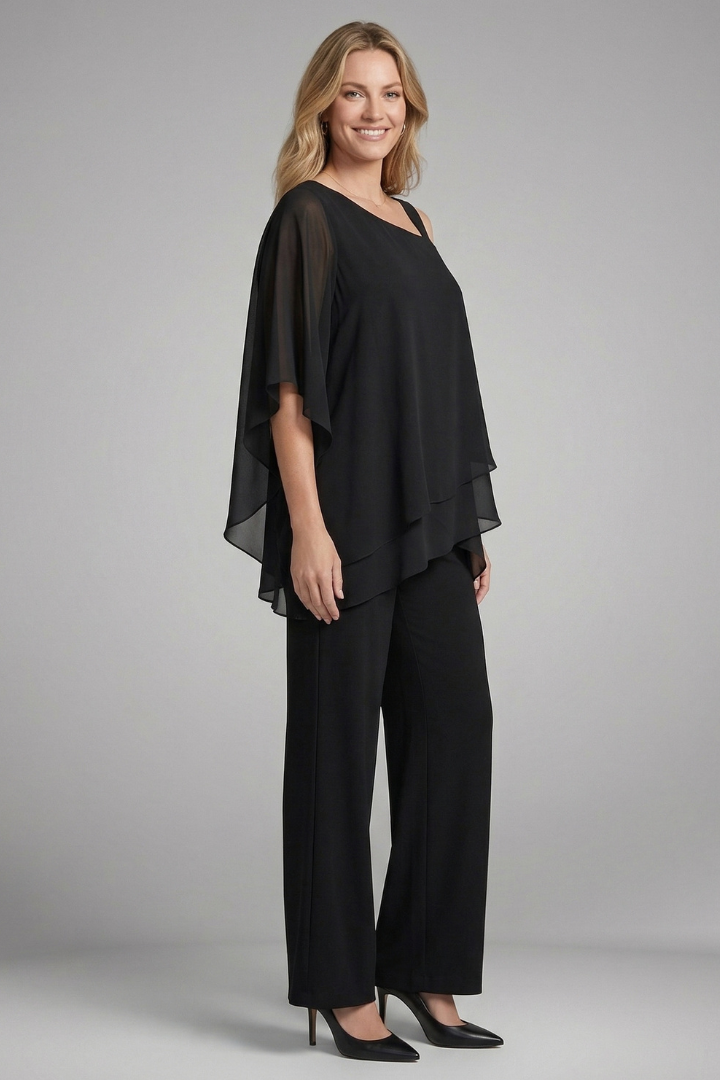 Elegant women's asymmetrical two-piece set with wide-leg pants, versatile for casual or stylish loungewear.