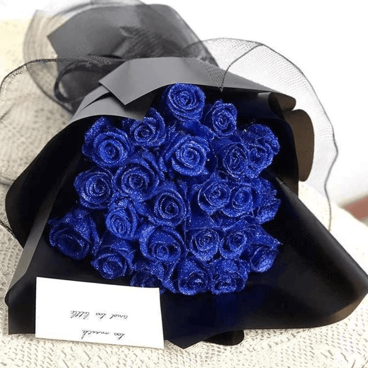 Decorative glitter rose for sparkling home decor. An everlasting plastic flower, ideal table accent or romantic gift.