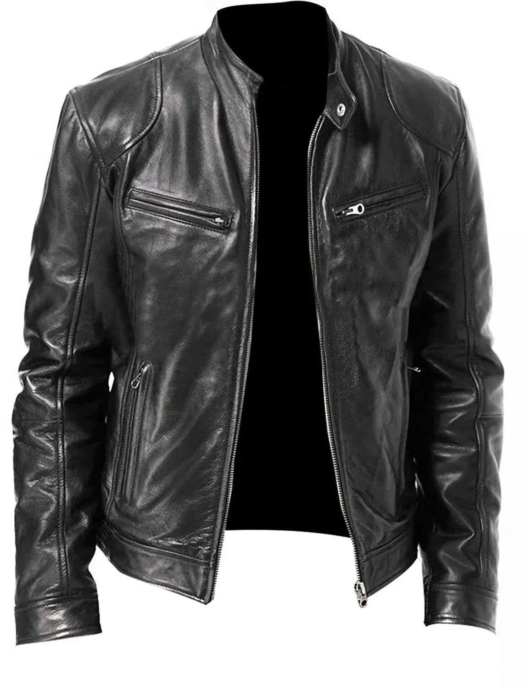 Men's classic black biker jacket, modern fit. Versatile motorcycle outerwear for everyday casual style.