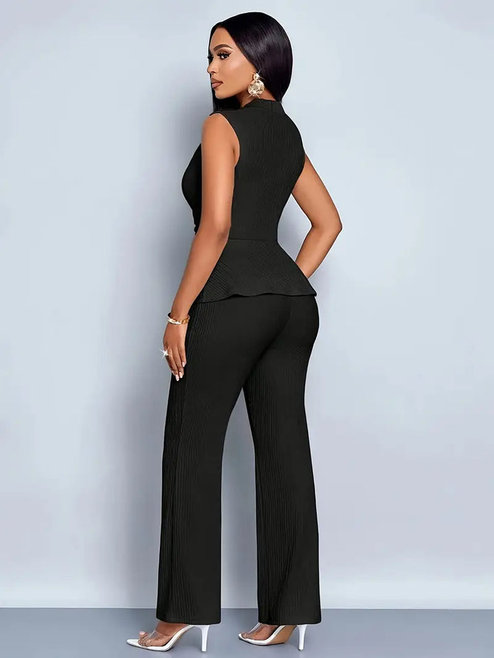 Addison women's spring pleated peplum pants set; chic two-piece outfit featuring a peplum top and pleated trousers.