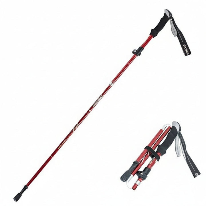 Adjustable hiking pole for trekking and trail support, made from lightweight aluminum, providing balance on trails.