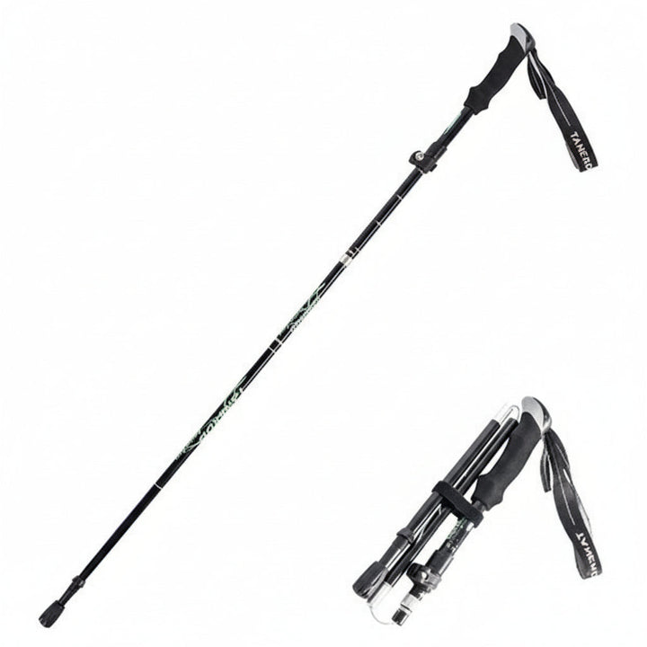 Ergonomic handle of an adjustable trekking pole, designed for comfortable trail support during hiking and camping.