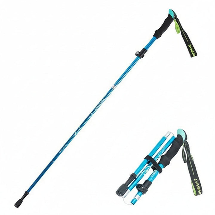 Lightweight aluminum hiking pole, fully extended, demonstrating its adjustable height for optimal trail support.