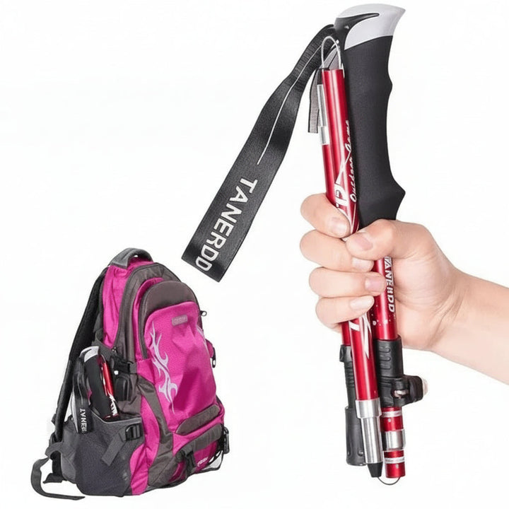 Durable tip of an adjustable trekking pole, offering reliable grip and stability for varied outdoor conditions.