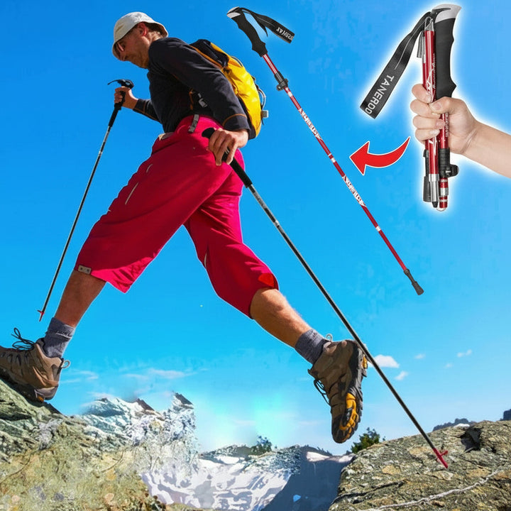 Hiker using an adjustable trekking pole on a trail, gaining balance and support with essential outdoor gear.
