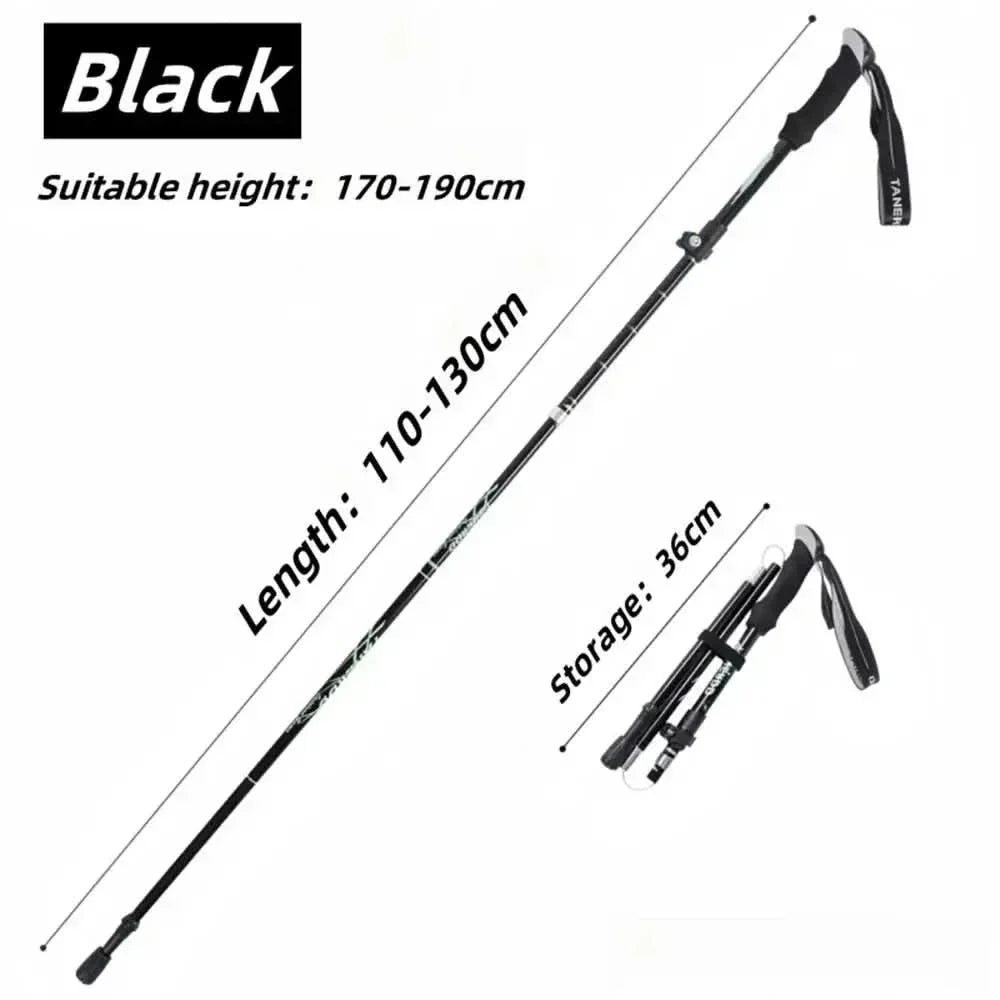Durable aluminum trekking poles, fully extended for maximum support on challenging hikes.