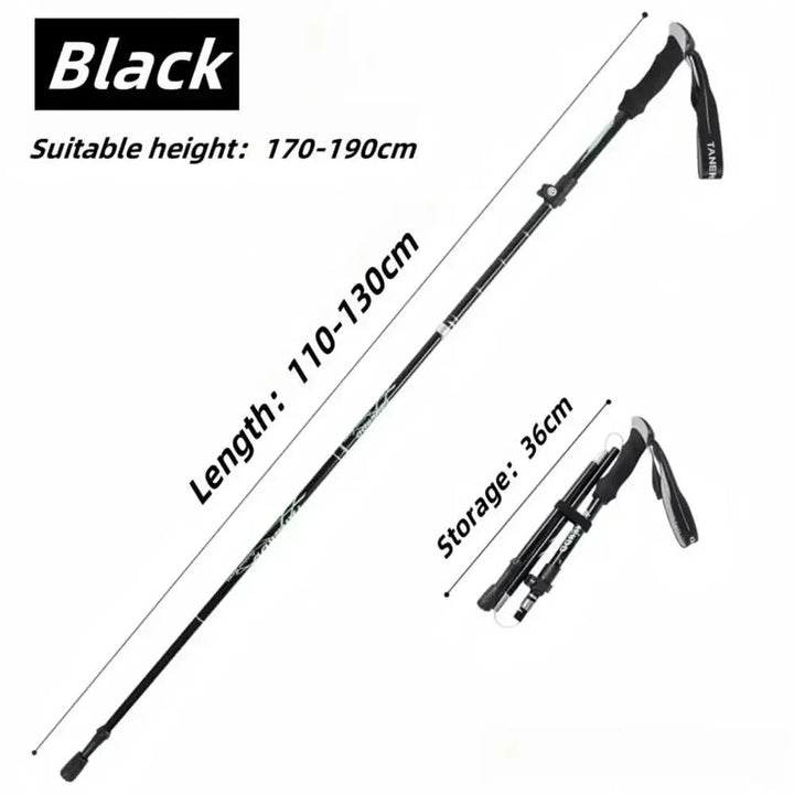 Durable aluminum trekking poles, fully extended for maximum support on challenging hikes.