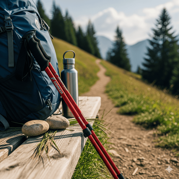 Compact hiking poles with ergonomic grips, perfect for travel and any outdoor adventure.