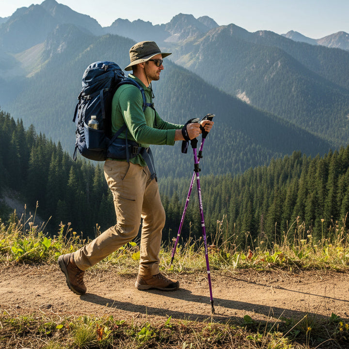 Black adjustable hiking poles, collapsed for compact travel. Essential outdoor adventure gear.
