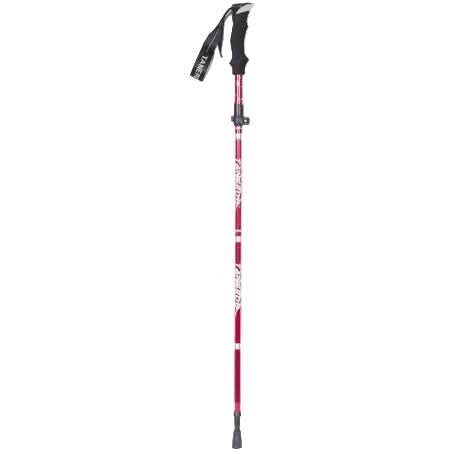 Pair of trekking poles, extended for use on mountain trails. Durable & lightweight for hiking.