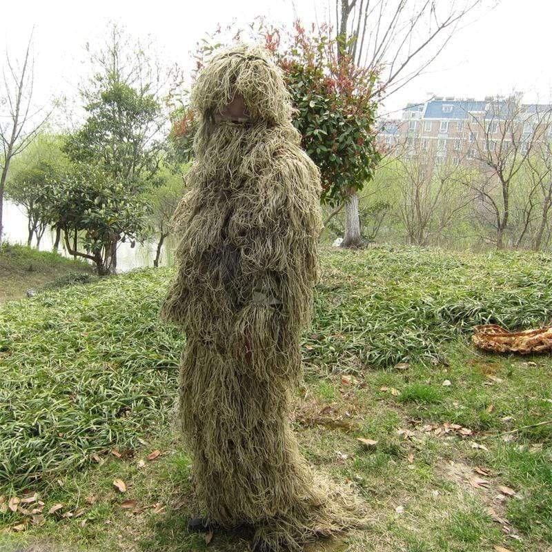 Detailed view of an adult's 3D ghillie suit, perfect for hunting, stealth, and outdoor apparel
