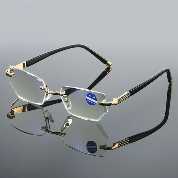 Gold unisex multifocal reading glasses with anti-glare and blue light eye protection.