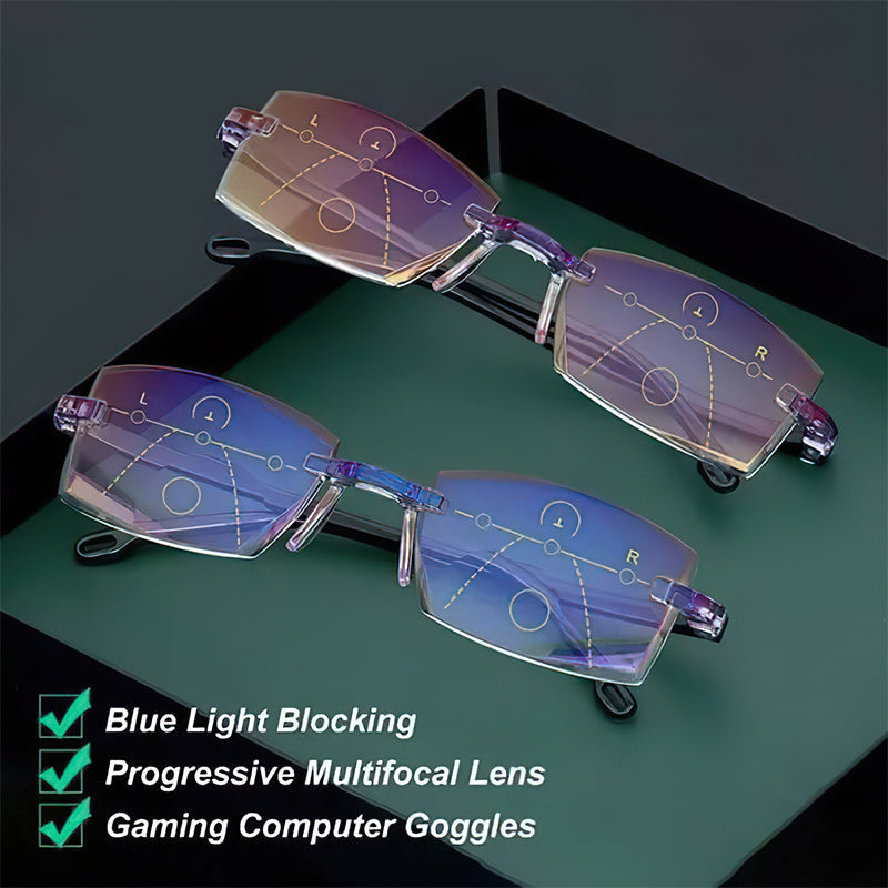 Flexible frame unisex multifocal reading glasses with blue light filter & eye protection.