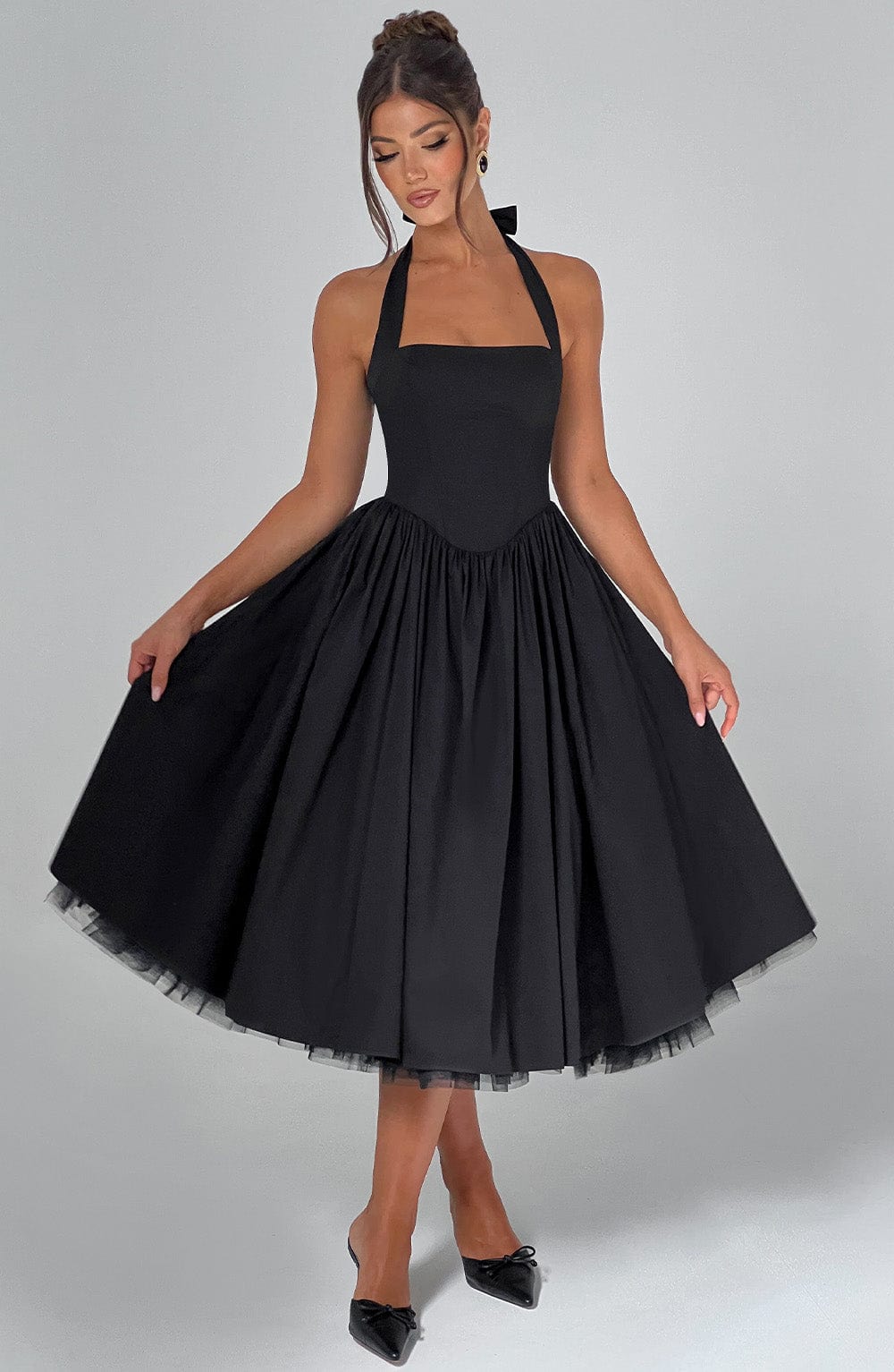 Elegant black and white halter midi for women, perfect for weddings, events and formal occasions