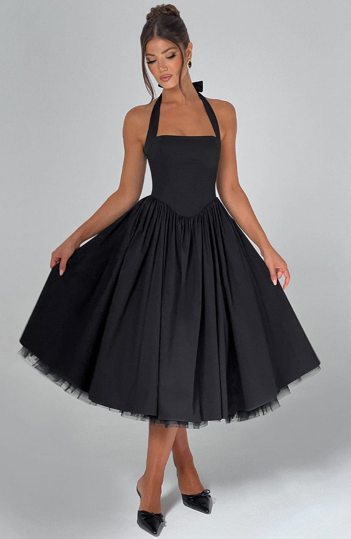 Elegant black and white halter midi for women, perfect for weddings, events and formal occasions