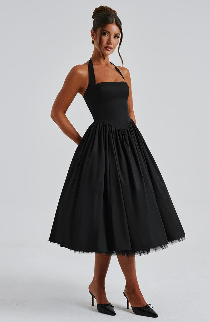 Fitted halter bodice with A-line midi skirt, black and white women's wedding guest dress by Ash New York