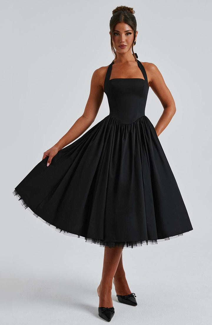 A-line black & white halter midi dress, women's formal event dress and stylish wedding guest outfit
