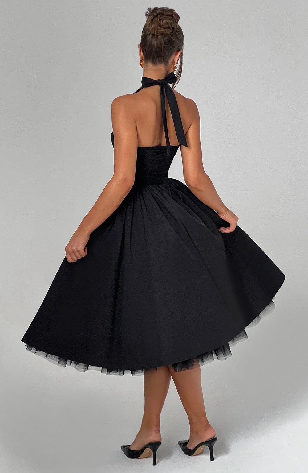 Monochrome halter midi dress by Ash New York, elegant women's wedding guest dress in black and white
