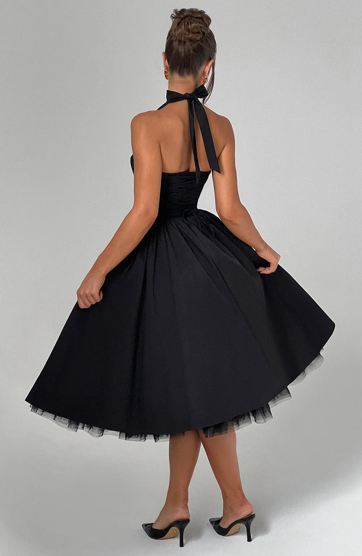 Monochrome halter midi dress by Ash New York, elegant women's wedding guest dress in black and white