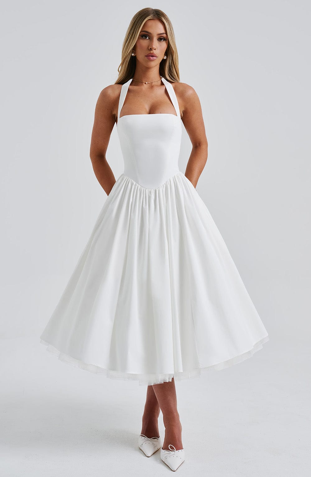 Sleeveless halter midi dress in black and white, women's formal event dress and wedding guest outfit