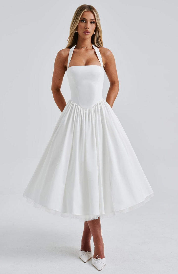Sleeveless halter midi dress in black and white, women's formal event dress and wedding guest outfit