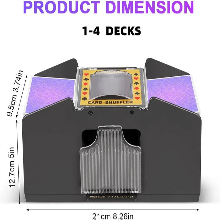 Close-up of an automatic electric card shuffler, neatly shuffling playing cards for quick game setup.