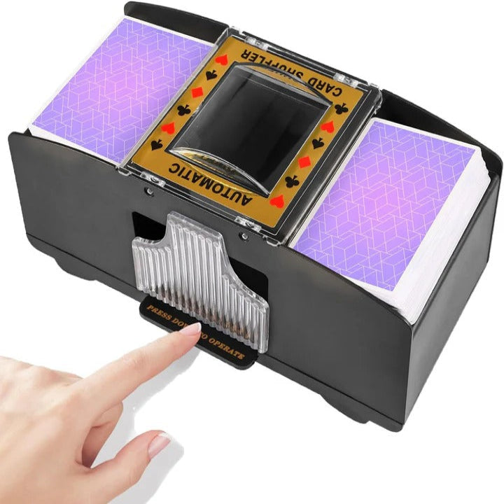 Black automatic electric card shuffler, essential for poker nights, casino games, and professional card dealing.