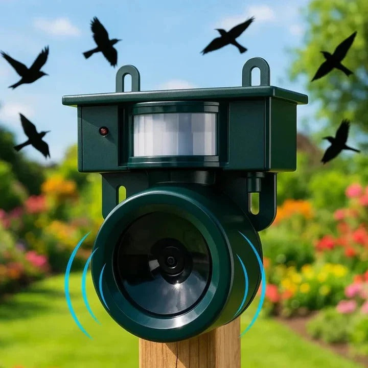 Automatic motion sensor bird repellent device protecting a yard. Ideal for garden pest control & wildlife deterrent.