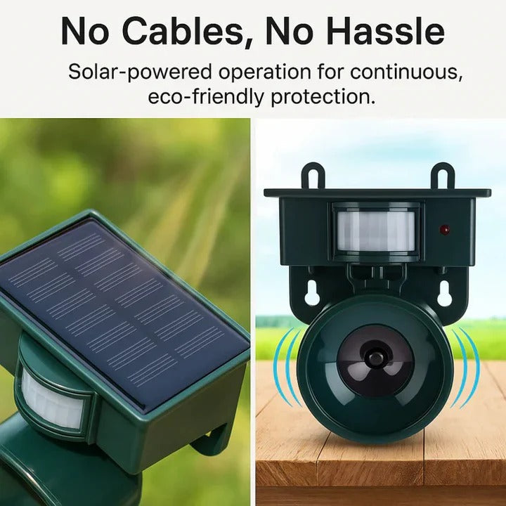 Close-up of a motion sensor bird repellent device. Humane outdoor pest control for gardens, patios & farms.
